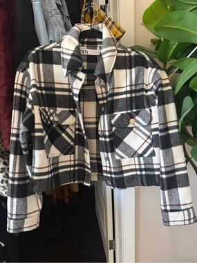 ZARA Black and White Plaid Shacket with Collar